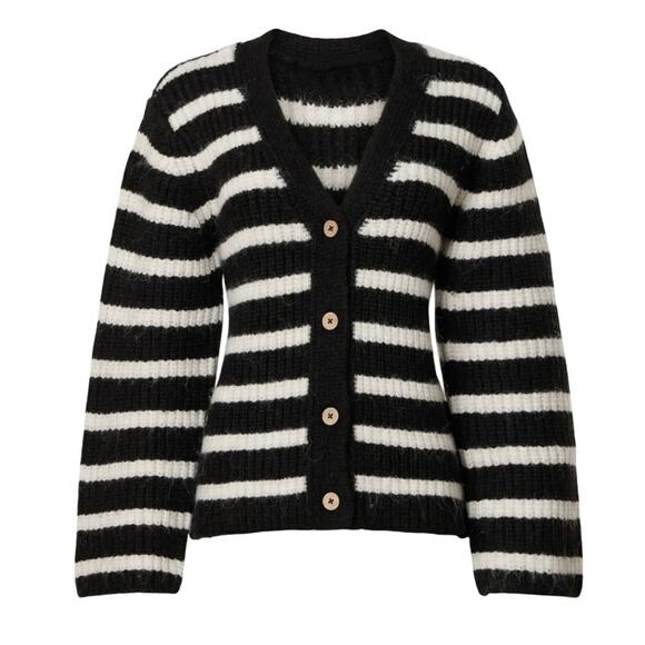 Slate & Willow Black White Striped Cardigan Sweater SMALL Fuzzy Cropped $115 - Picture 6 of 10